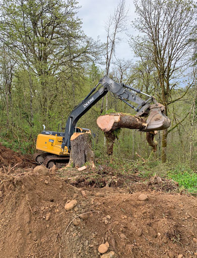 Excavator clearing land